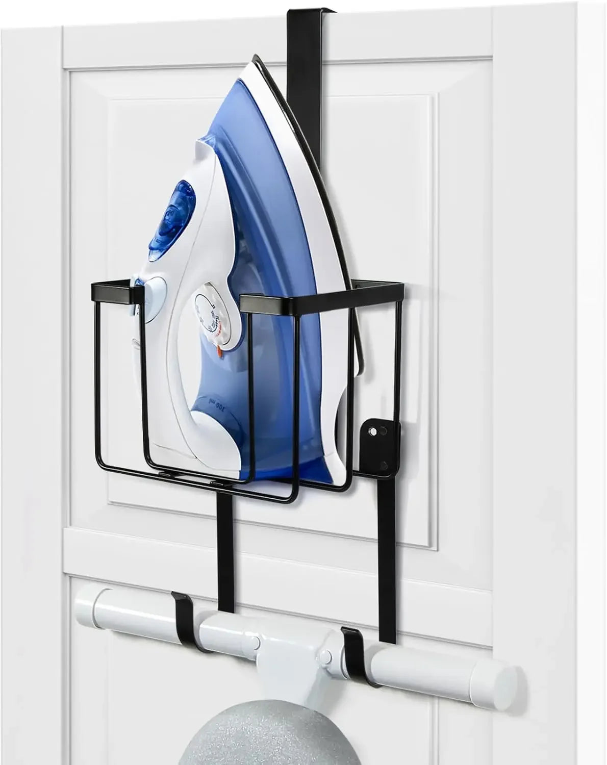 Over Door Wall Mount Ironing Board Hanger with Iron Caddy Storage Holder Black Peaceful Pleasures Health and Wellness United States