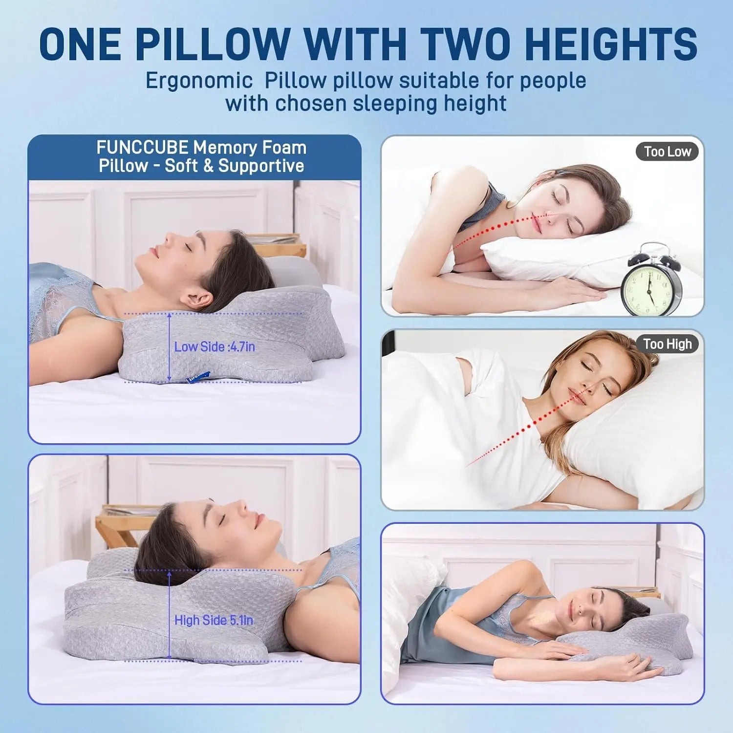 Ergonomic pillow with adjustable height for different sleeping positions on a blue background.