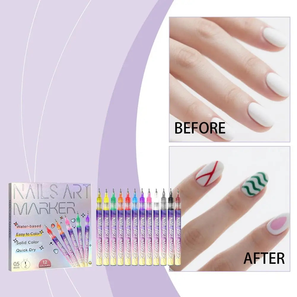 12-Piece Nail Art Graffiti Pen Set – Waterproof Colour Markers