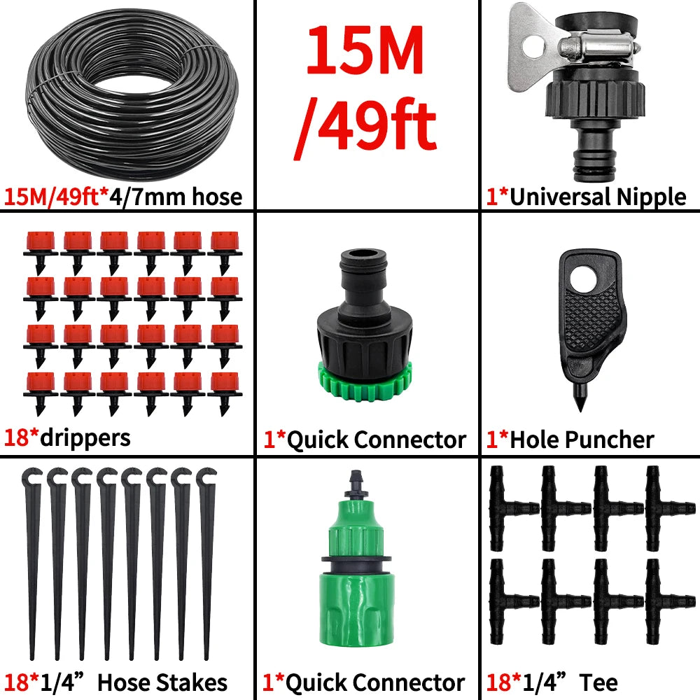 15M-25M Micro Drip Watering Kit Garden DIY Automatic Irrigation System & Adjustable Dripper 4/7'' Hose for Greenhouse Peaceful Pleasures Health and Wellness 15M
