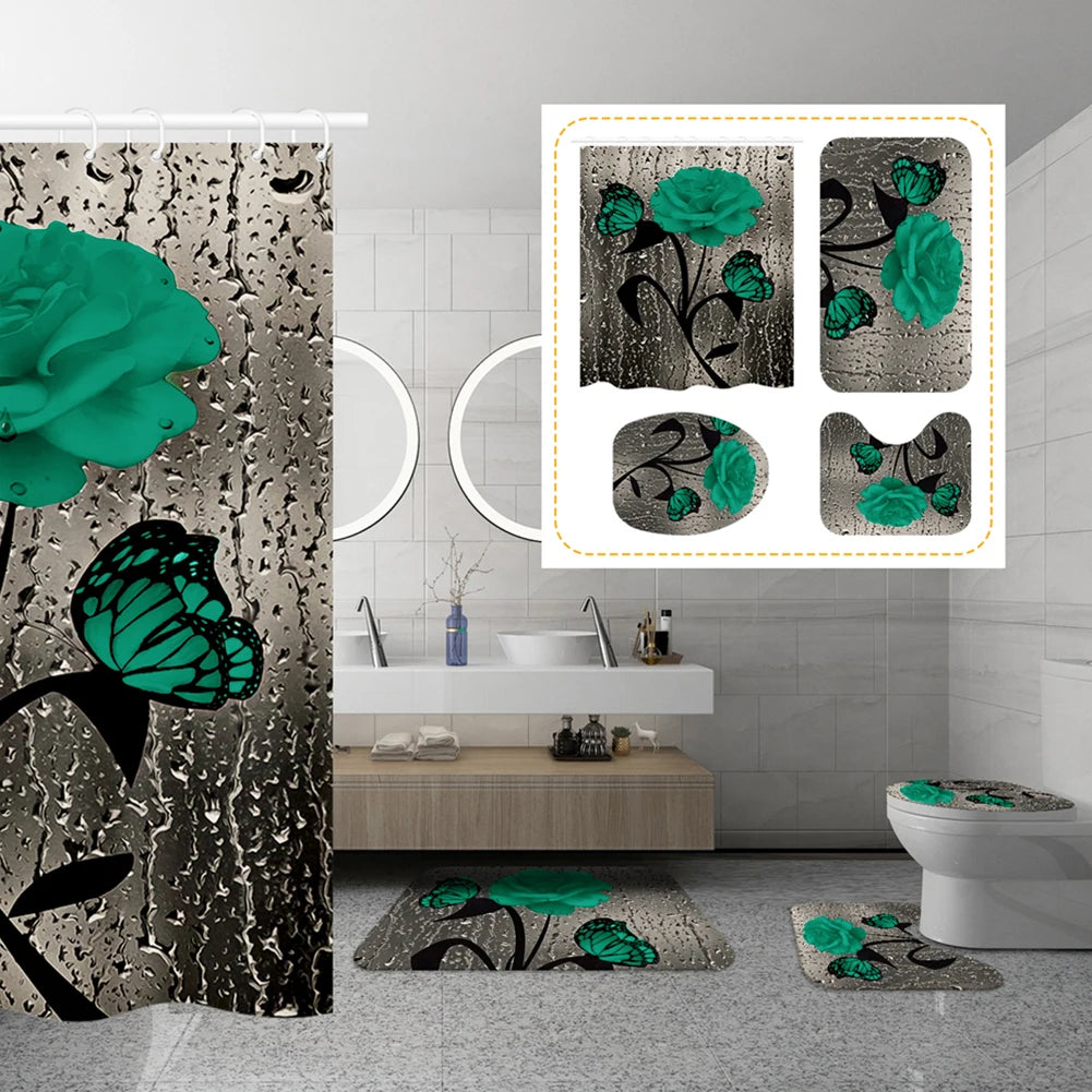 4pcs Set Doormat Shower Curtain with Non-Slip Rugs Toilet Seat Cover Bath Carpet Durable Waterproof Bathroom Home Entrance Decor Peaceful Pleasures Health and Wellness H