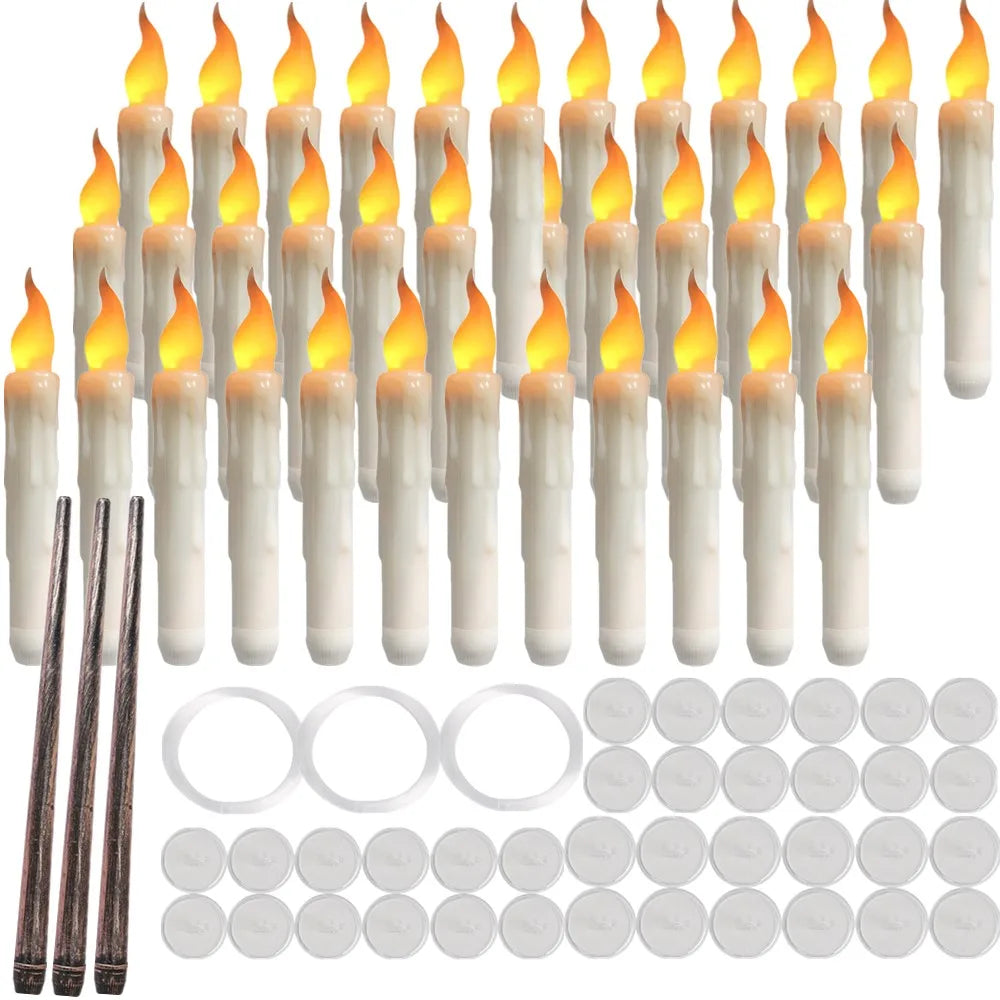 Floating Candles with Wand Magic Hanging Candles Flameless Flickering LED Taper Candle with Wand Remote Battery Window Candles Peaceful Pleasures Health and Wellness 36pcs set with wand