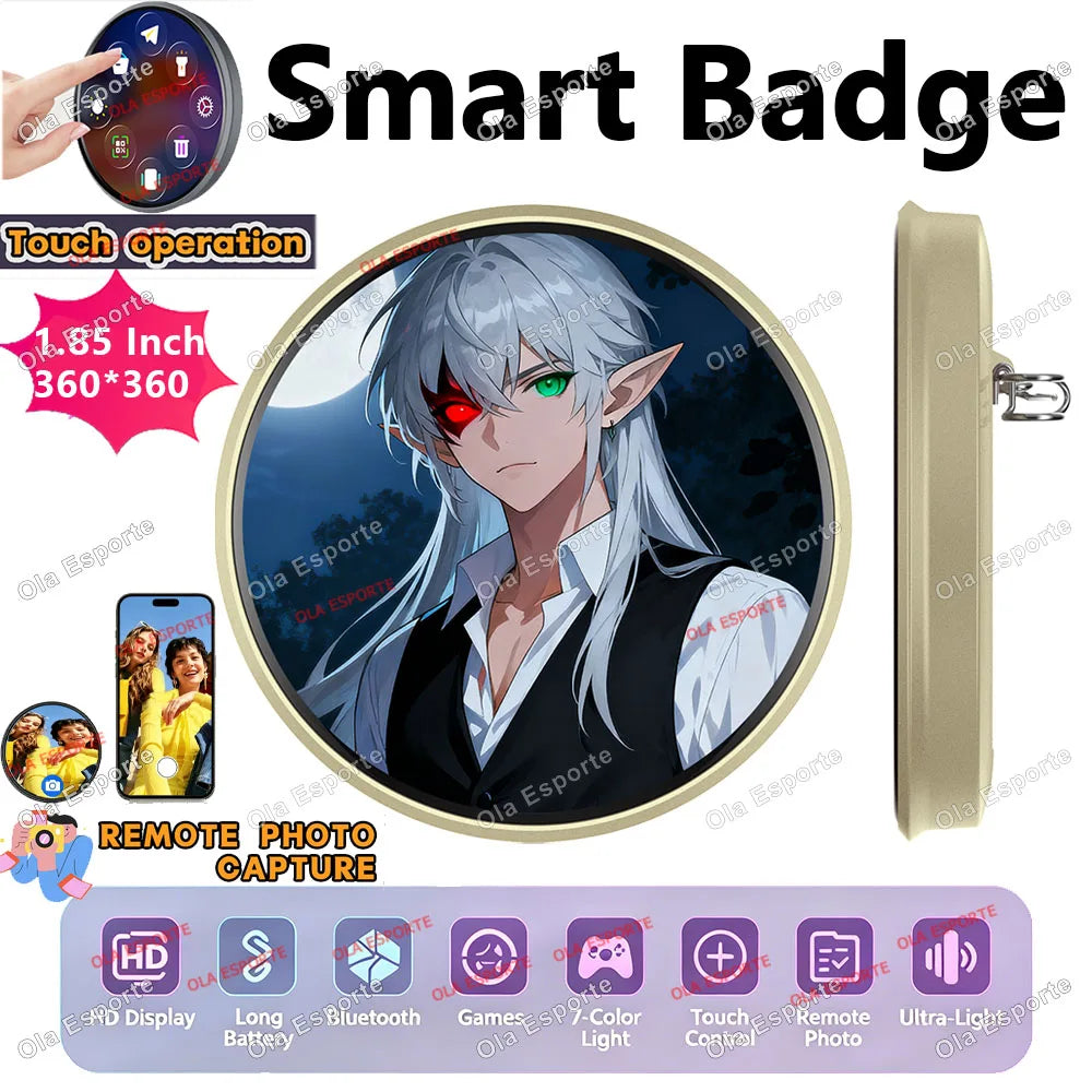Electronic Badge HD Display Screen Bluetooth GIF Video Playback Touch Screen LED Audible Video Play Dynamic Smart Badge Fans New Peaceful Pleasures Health and Wellness 1.85Inch E 1 piece