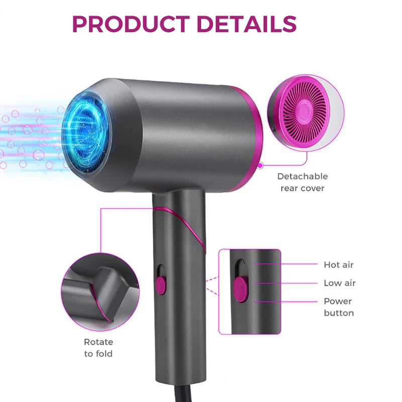 Foldable High Quality Powerful Portable Hair Dryer with Removable Back Cover Negative Ion Hair Care Machine with 3 Wind Speed Peaceful Pleasures Health and Wellness