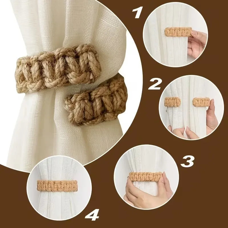Handwoven Jute Curtain Tiebacks | Boho Farmhouse Drapery Holders