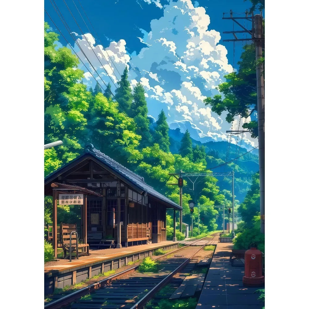 Anime Summer Landscape Canvas Wall Art | Beach Forest Cabin