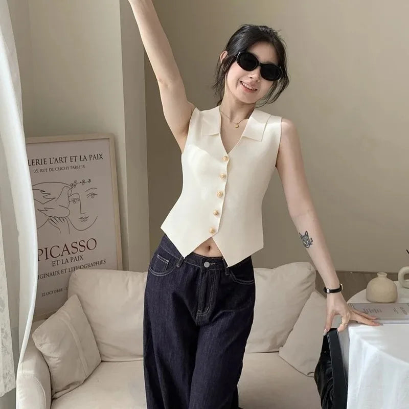 Women's V-Neck Gold Buckle Knitted Sleeveless Vest | Summer Top