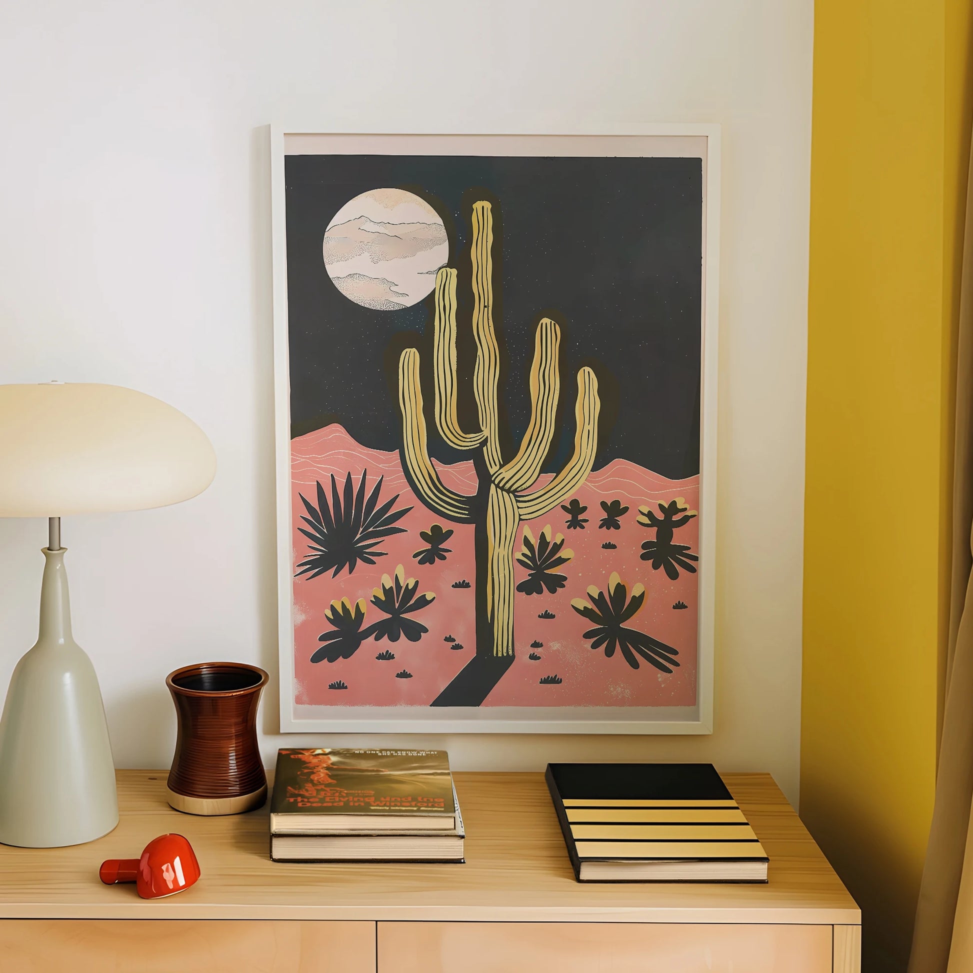 Modern Desert Night Moon Giant Cactus Wall Art Aluminum Frame Prints Canvas Painting Poster Picture For Living Room Home Decor Peaceful Pleasures Health and Wellness