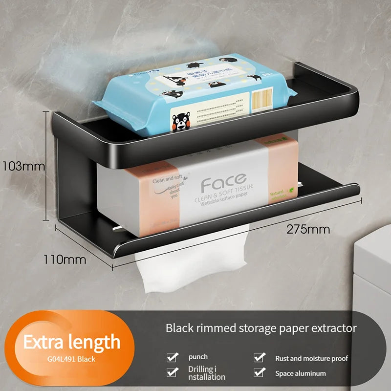 Aluminum Bathroom Tissue Box Holder & Wall Storage Rack
