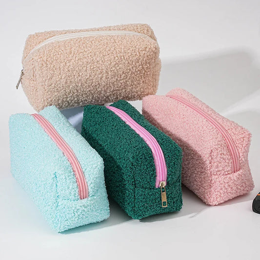 2026 Cute Zipper Plush Large Solid Color Cosmetic Bag Makeup Bag for Women Travel Make Up Toiletry Bag Washing Pouch Pen Pouch Peaceful Pleasures Health and Wellness