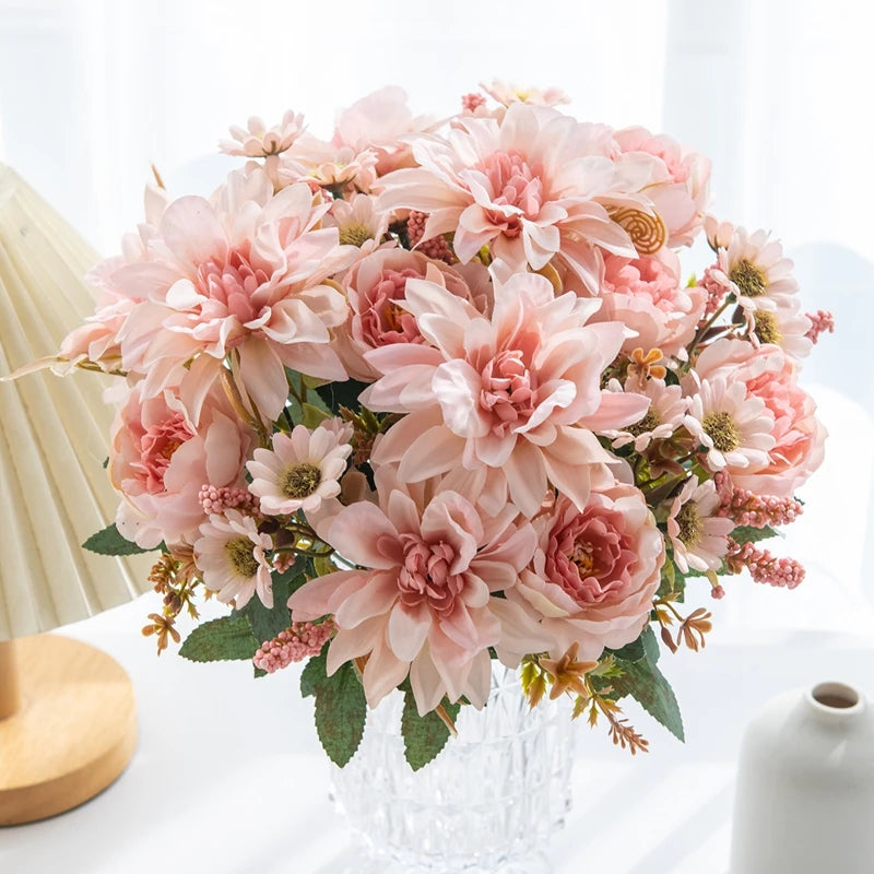 Silk Artificial Dahlia Rose Daisy Bouquet | Wedding & Party Decor
