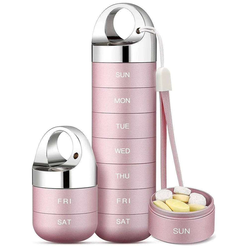 Portable Travel Pill Box Metal 7 Day Pill Case Organizer Waterproof Aluminum Alloy Travel Pill Case Container for Vitamins Peaceful Pleasures Health and Wellness