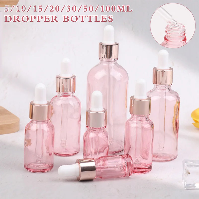 Pink Glass Dropper Bottles 5–100ml | Refillable Rose Lid