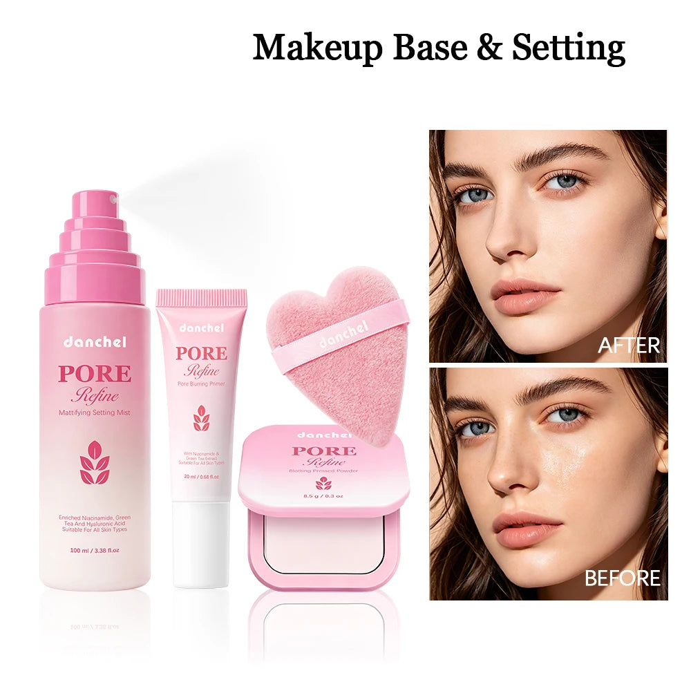 4Pcs Beauty Makeup Set Pore Blur Oil Control Matte Primer Mattifying Setting Mist Blotting Pressed Powder Puff Makeup Kit Peaceful Pleasures Health and Wellness