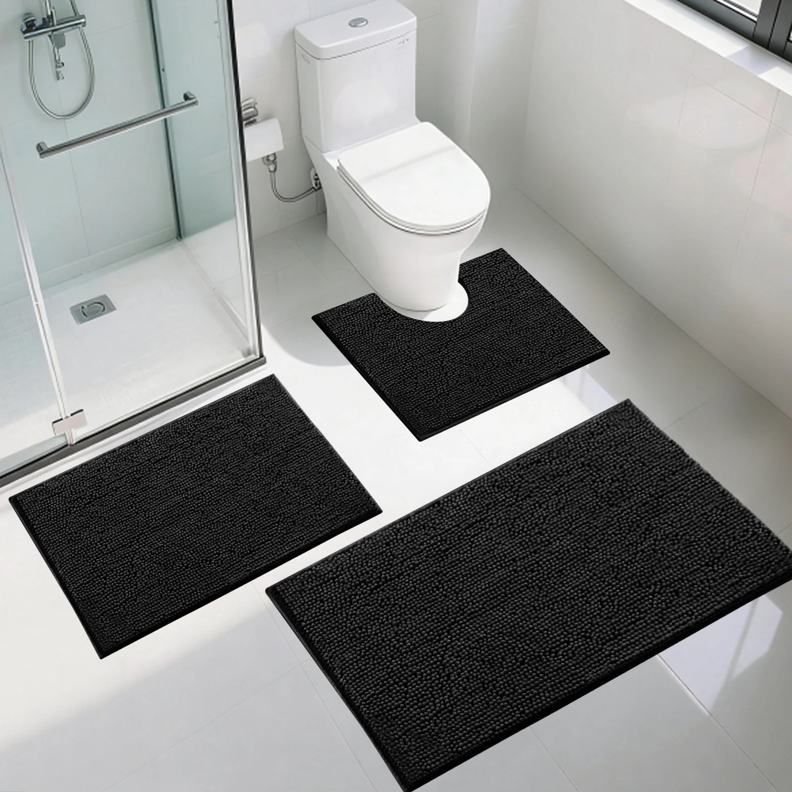 Non Slip Chenille Bath Mat Soft & Anti Mould Bath Mats Water Absorbent Quick Drying Bathroom Carpet U-Shaped Toilet Mat Peaceful Pleasures Health and Wellness Black 3PCS