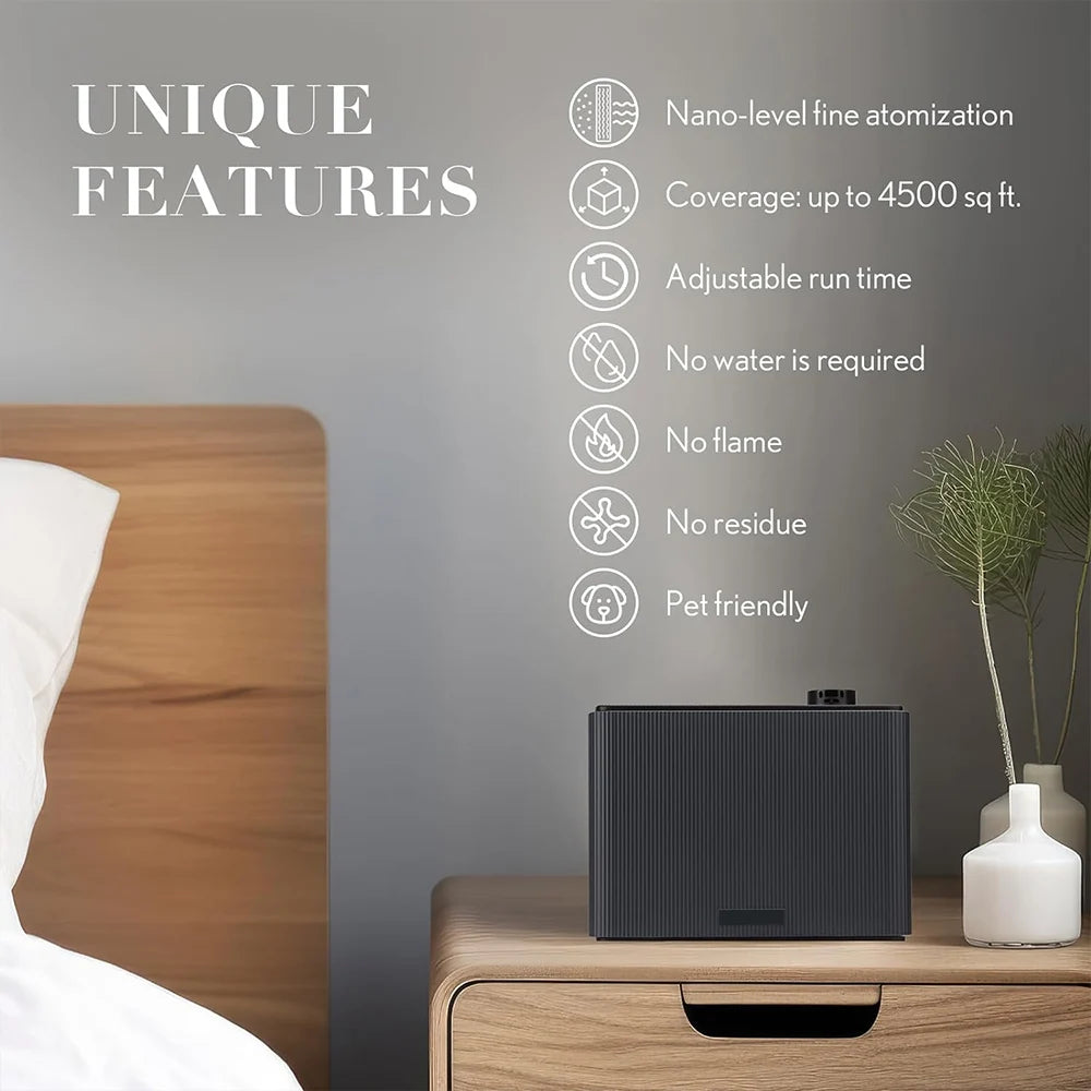 Black air diffuser on a wooden nightstand with unique features listed on a gray wall.