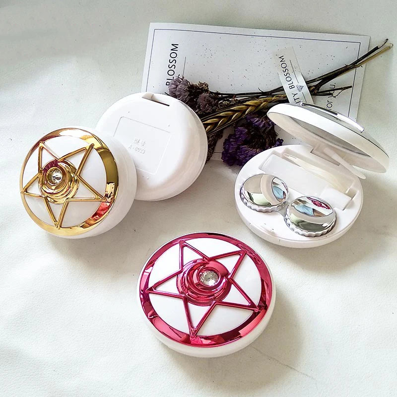 Contact lens travel set, star diamond contact lens case with cleaner, with mirror, tweezers, removal tool, fluid bottle, 2PCS Peaceful Pleasures Health and Wellness