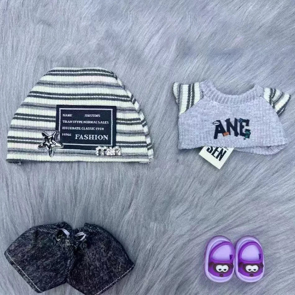 Labubu 15–17cm Korean Grey Star Hat Cloth Outfit Set
