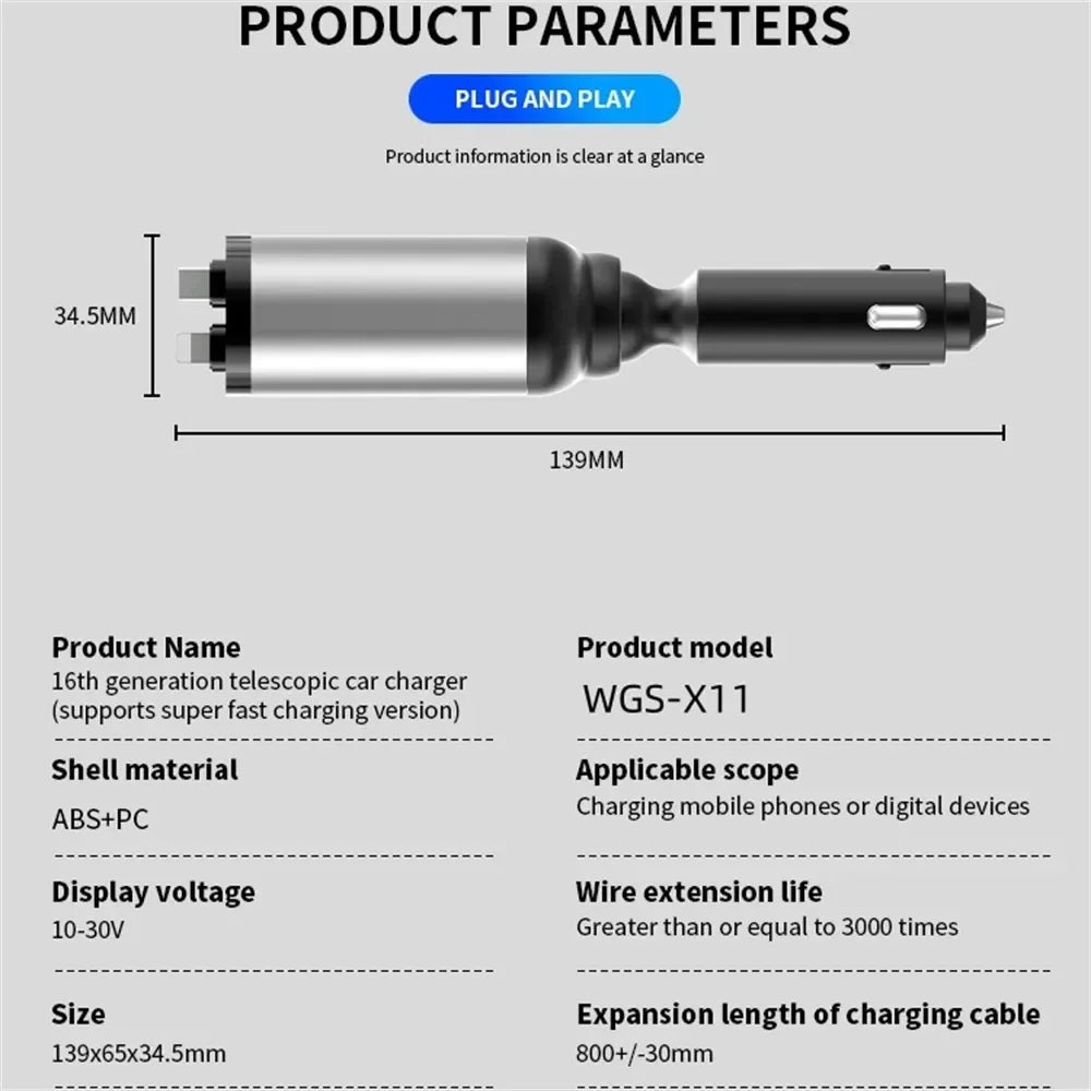 4 in 1 120W Car Charger Retractable Car Cigarette Lighter Adapter USB Type C Fast Charger Cable For IPhone Xiaomi Huawei Samsung Peaceful Pleasures Health and Wellness