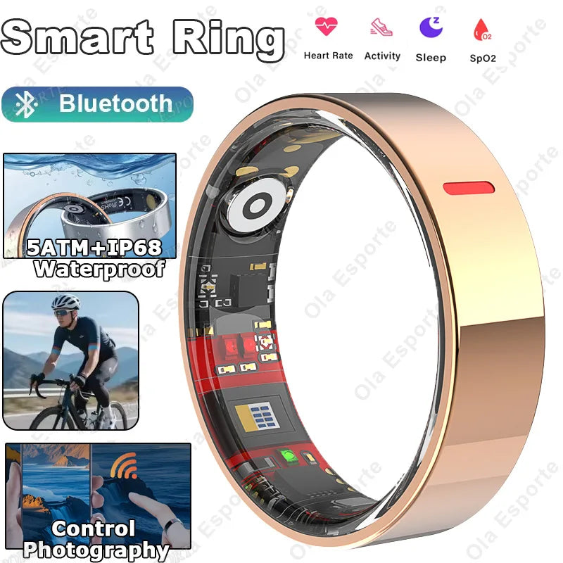 Men Women Smart Ring Health Monitoring Sport Tracker Step Count Rings 5ATM ,IP68 WaterProof Gesture Control Smartring Ring Gift Peaceful Pleasures Health and Wellness Gold 8