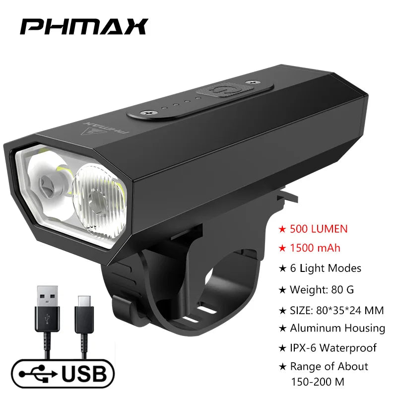 PHMAX USB Rechargeable Bike Light – 6 Modes, IPX6 Waterproof