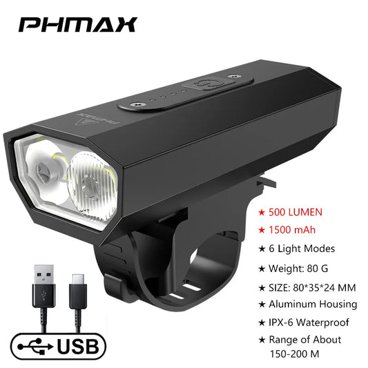 PHMAX USB Rechargeable Bike Light – 6 Modes, IPX6 Waterproof Bike Headlight Oasis Select