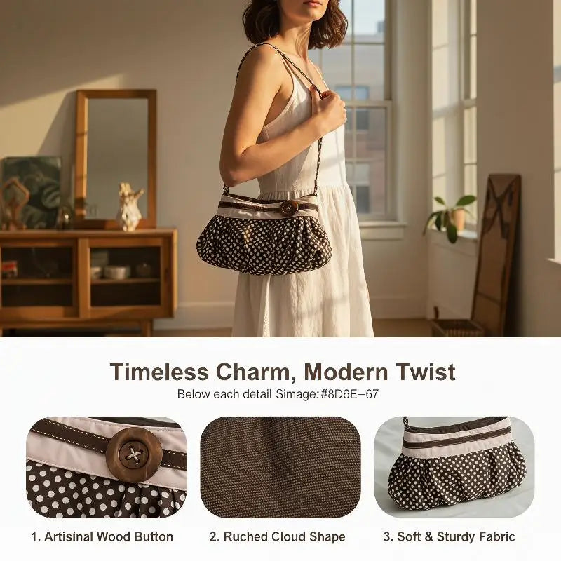 Retro Polka Dot Pleated Cloud Shoulder Bag | Wooden Button