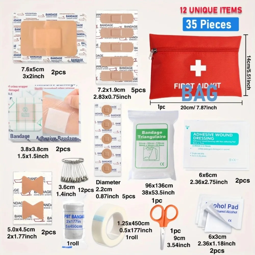 Small First Aid Kit Outdoor Emergency Set Waterproof Medical Bag for Travel Cycling Hiking Backpacking Camping Car Motorcycle Peaceful Pleasures Health and Wellness Red-35 in 1