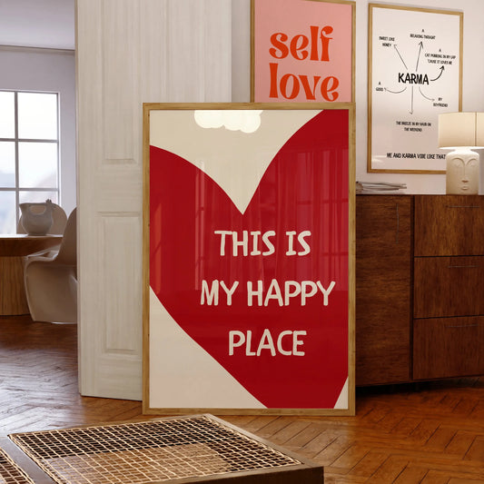 This Is My Happy Place Art Poster Red Heart Text Quotes Printed Canvas Painting Modern Minimalist Wall Art Home Bedroom Decor Peaceful Pleasures Health and Wellness