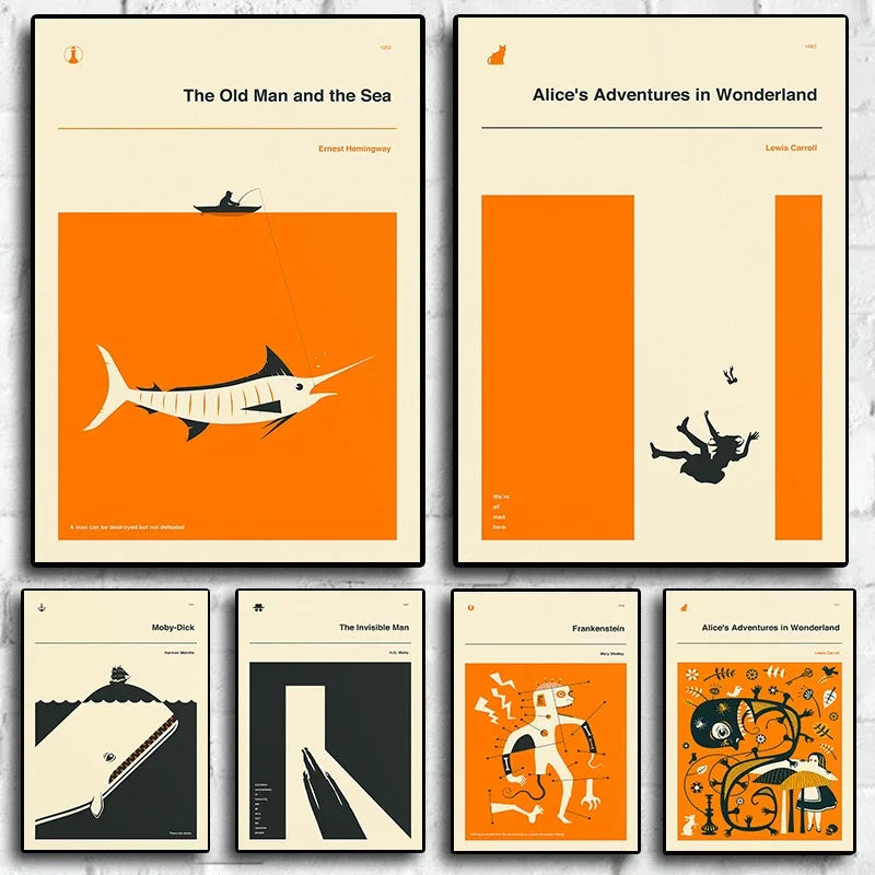 Classic Book Cover Moby-Dick Alice in Wonderland Minimalist Poster Print Canvas Painting Wall Art Pictures for Room Home Deco Peaceful Pleasures Health and Wellness