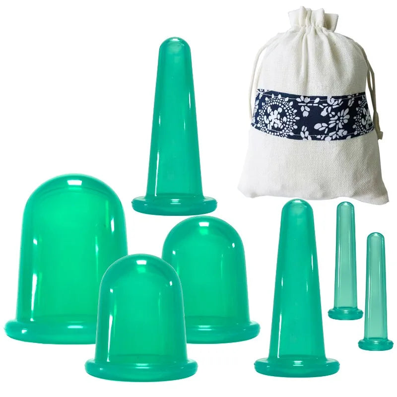 7PCS/Set Silicone Massage Jars Suction Cup Plastic Dampness Expelling Body Release Pain Vacuum Cans Banks Peaceful Pleasures Health and Wellness 7pcs Green