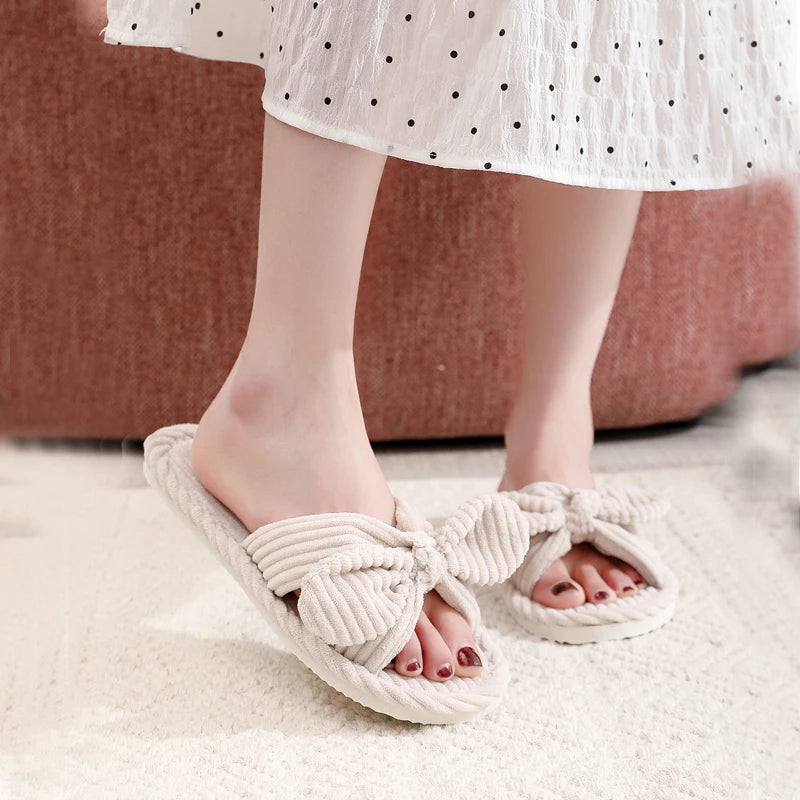 Women's Corduroy Bow Knot Indoor Slippers | Warm EVA Anti-Slip