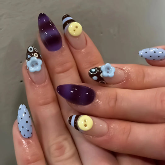 24pcs 3D Flower Press-On Nails Y2K Brown Blue Gradient Almond Press-On Nail Set Peaceful Pleasures Health and Wellness
