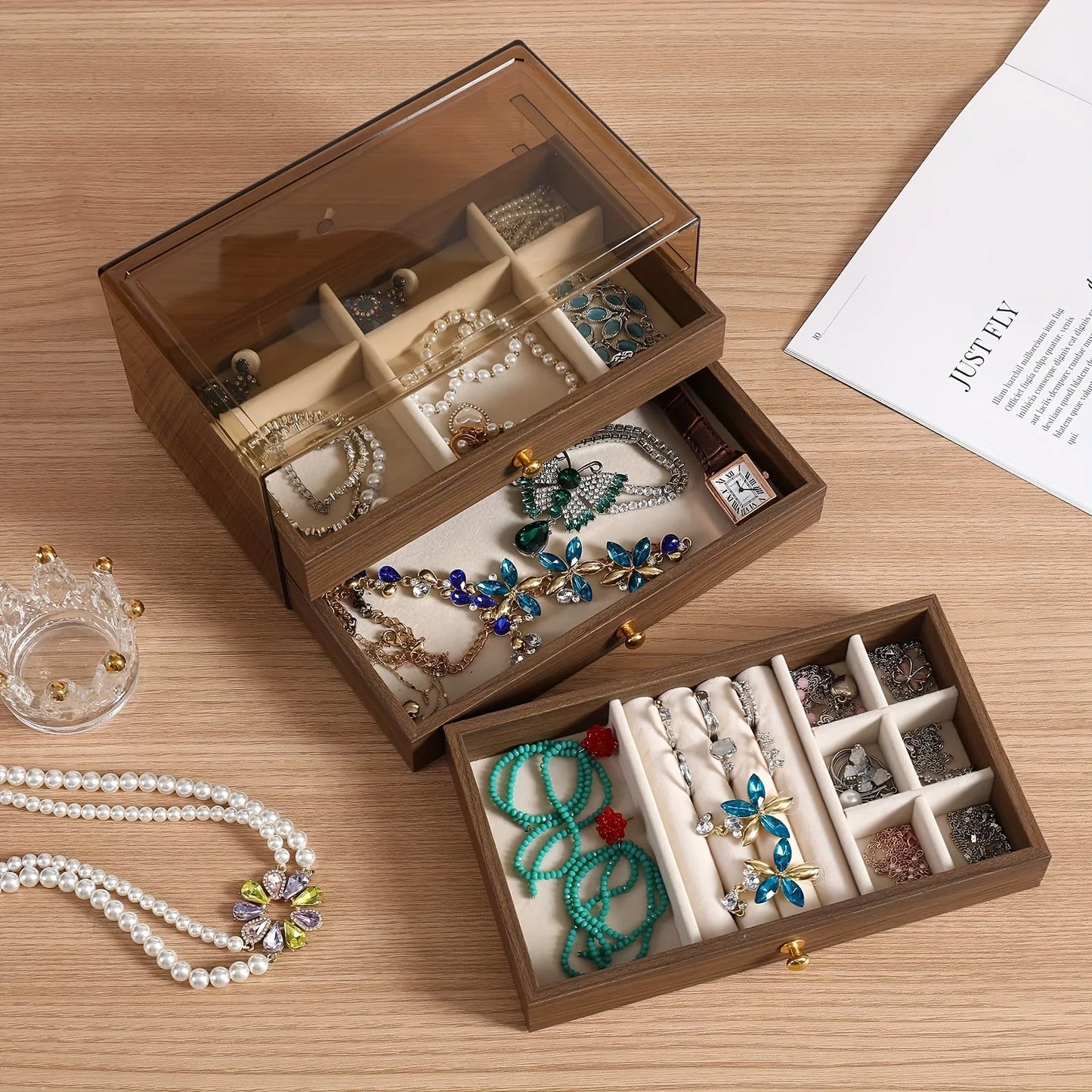3-Layer Jewelry Box Organizer | Glass Window & Olive Green Leather
