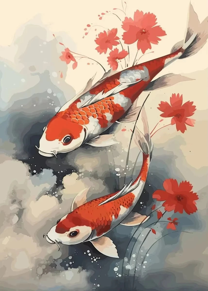 Red Koi Fish Lotus Canvas Wall Art | Good Luck Home Decor