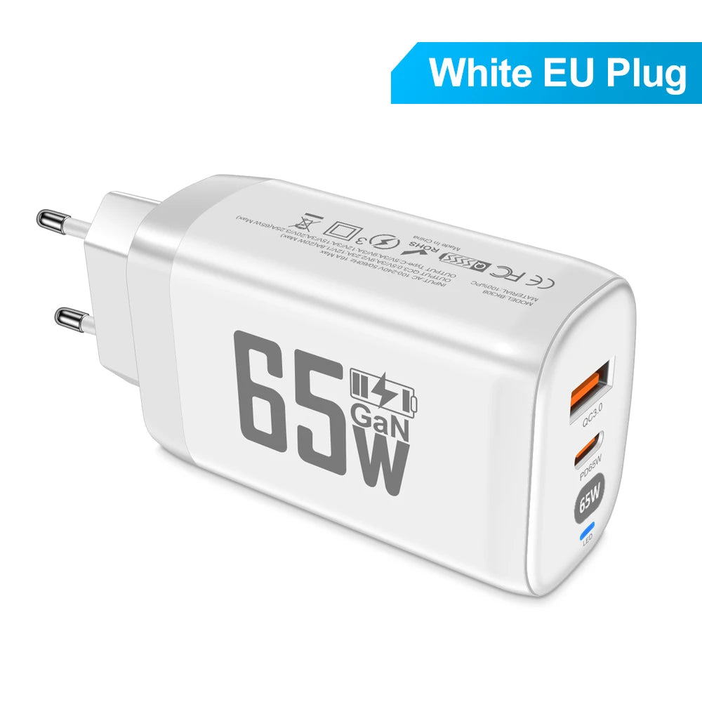 GaN 65W Fast Charger 2-Port PD QC3.0 USB Type C Wall Charger EU Plug Adapter for Laptop iPhone 15 Samsung Xiaomi Peaceful Pleasures Health and Wellness White EU Plug