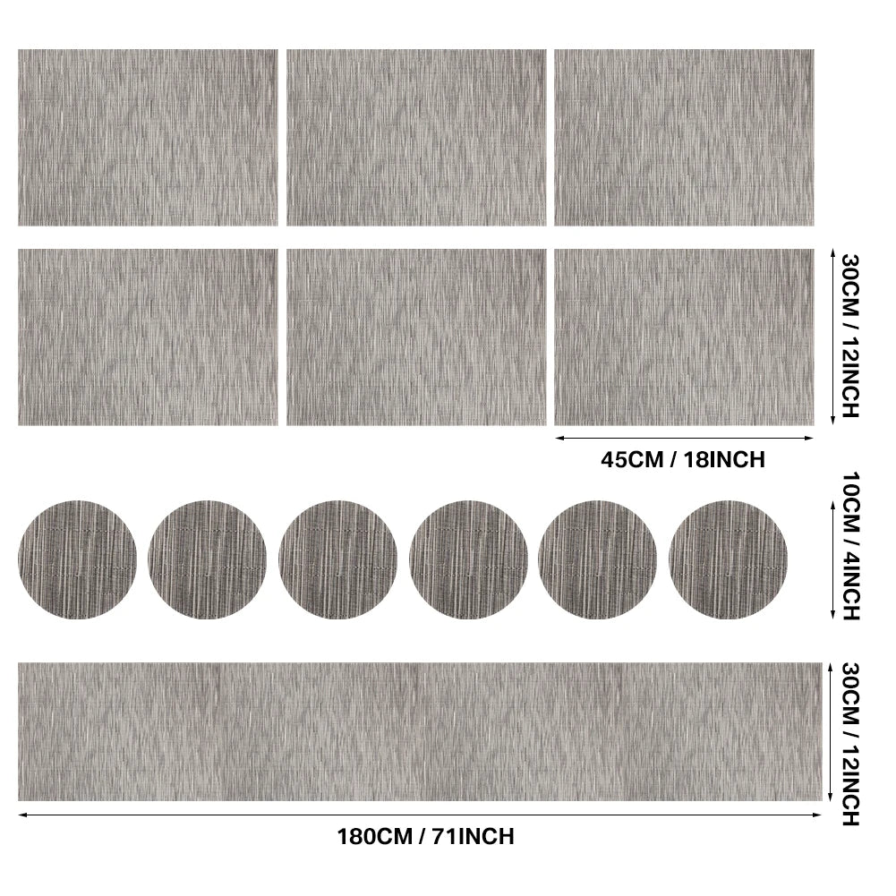 Set of 6 Placemats With Coasters Black Table Mats Crossweave Woven Vinyl Non-Slip Washable for Table Dining Kitchen Restaurant Peaceful Pleasures Health and Wellness 13pc Gray 30x45cm