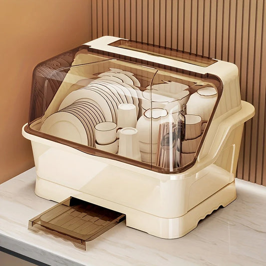 Beige dish drying rack with dishes inside on a light wood surface.