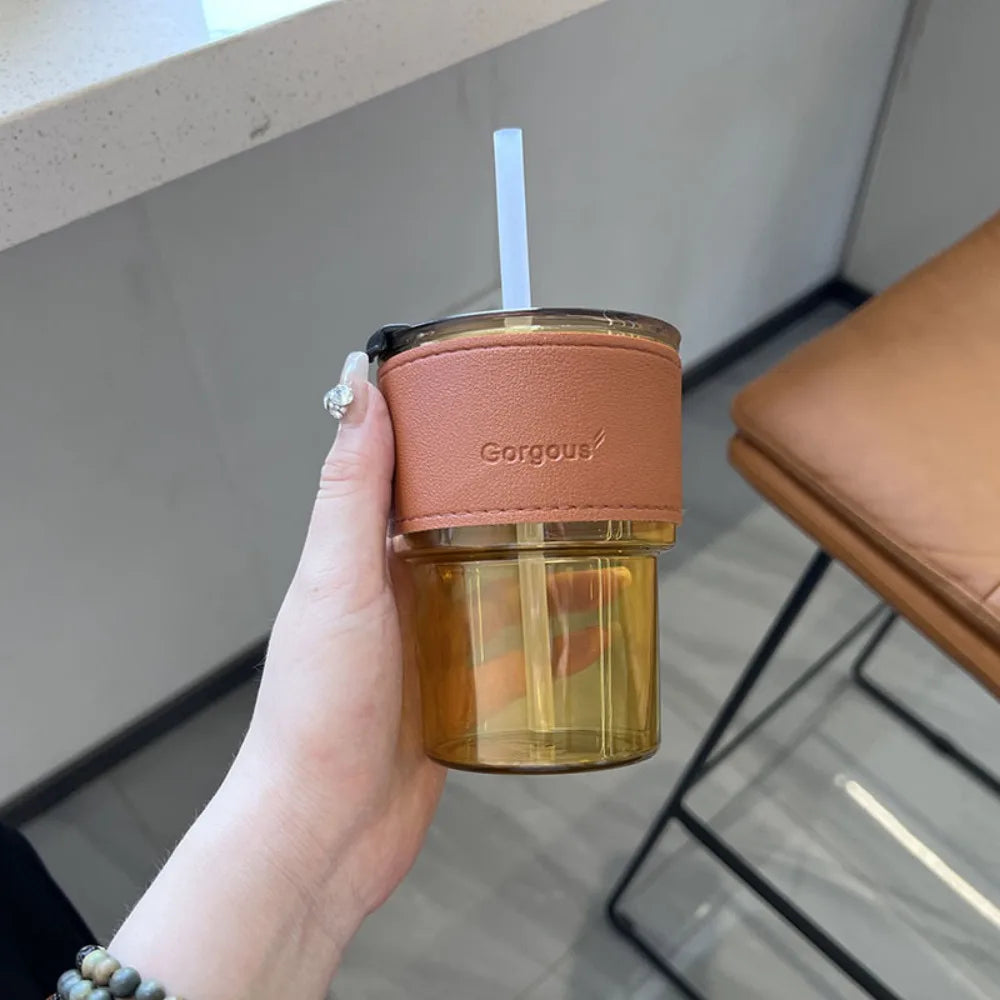 400ml Glass Water Bottle with Bamboo Lid & Straw – Transparent Cup