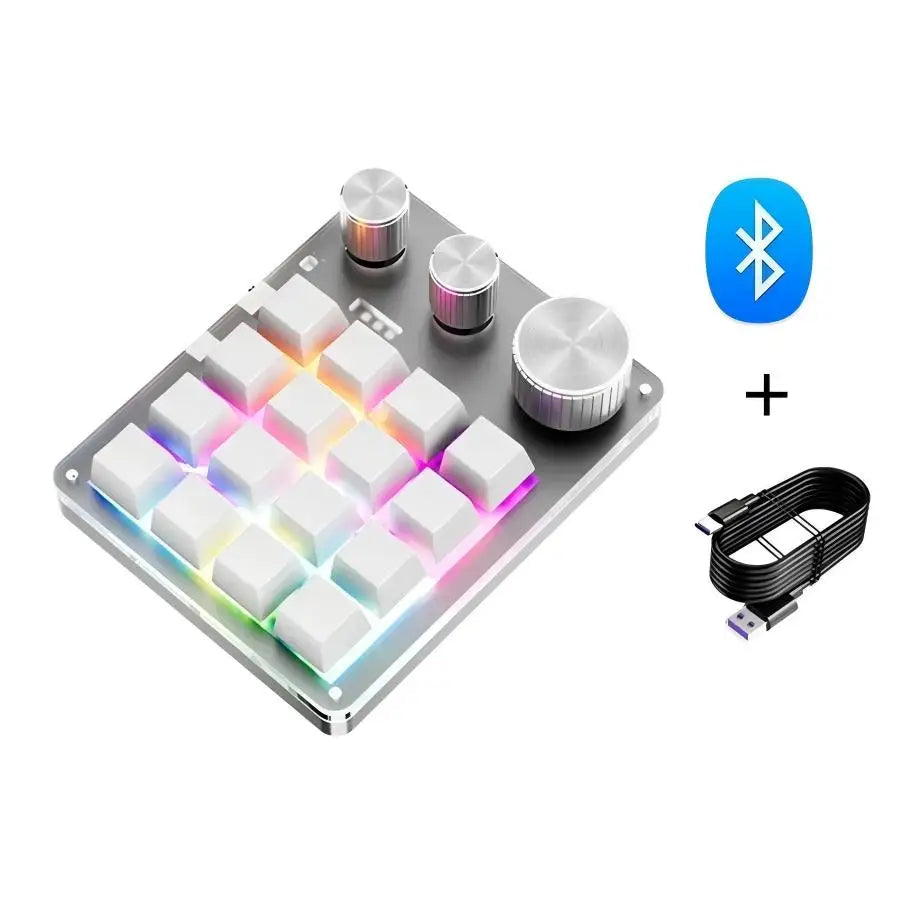 16 Keys 3 Knobs Mechanical Gaming Keyboard USB Wired Bluetooth/ Wireless Programming Macro Mini Keyboard Custom Hot-swap Keypad Peaceful Pleasures Health and Wellness Wire Bluetooth White
