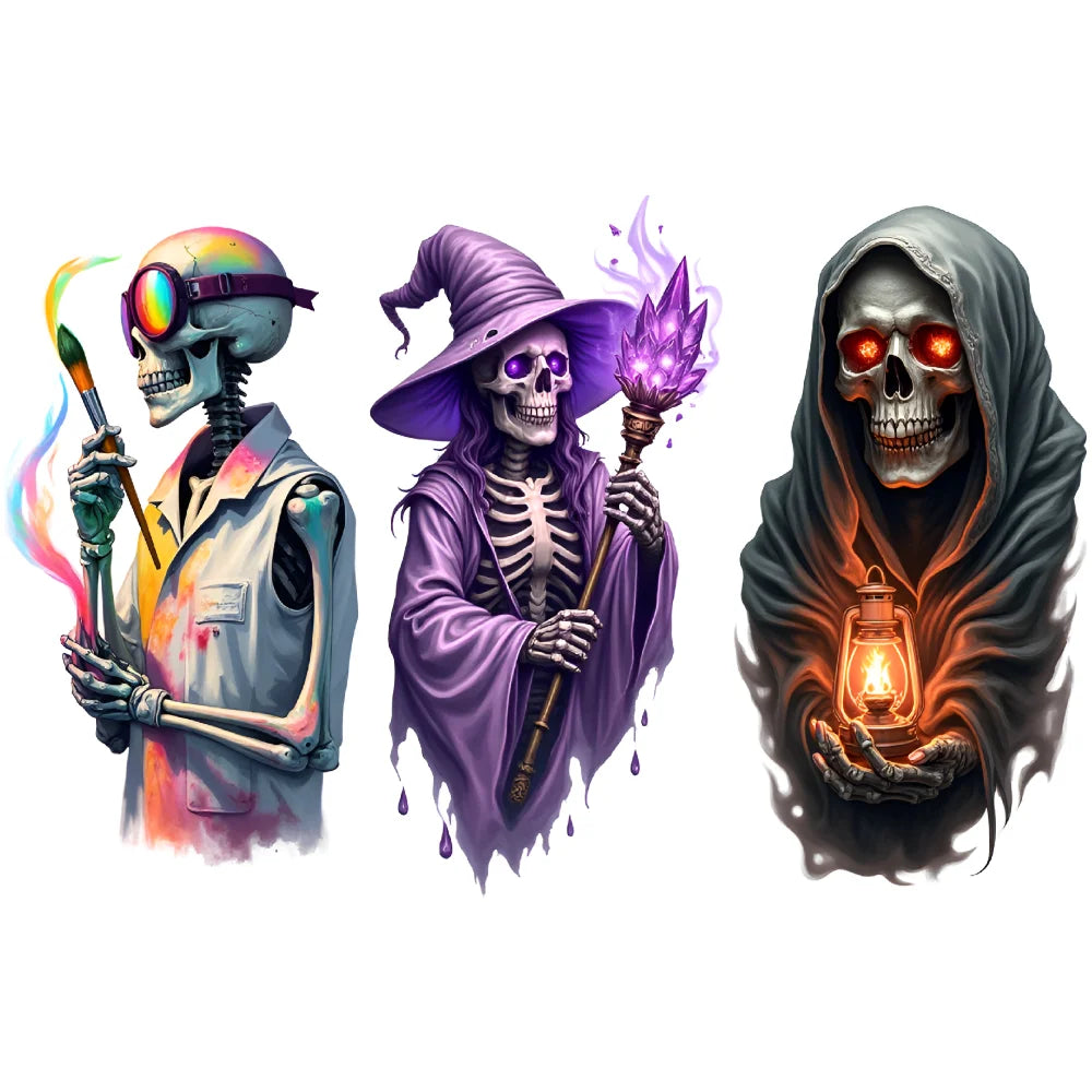 3-Pack Skeleton Temporary Tattoos – Flames & Wizard Designs