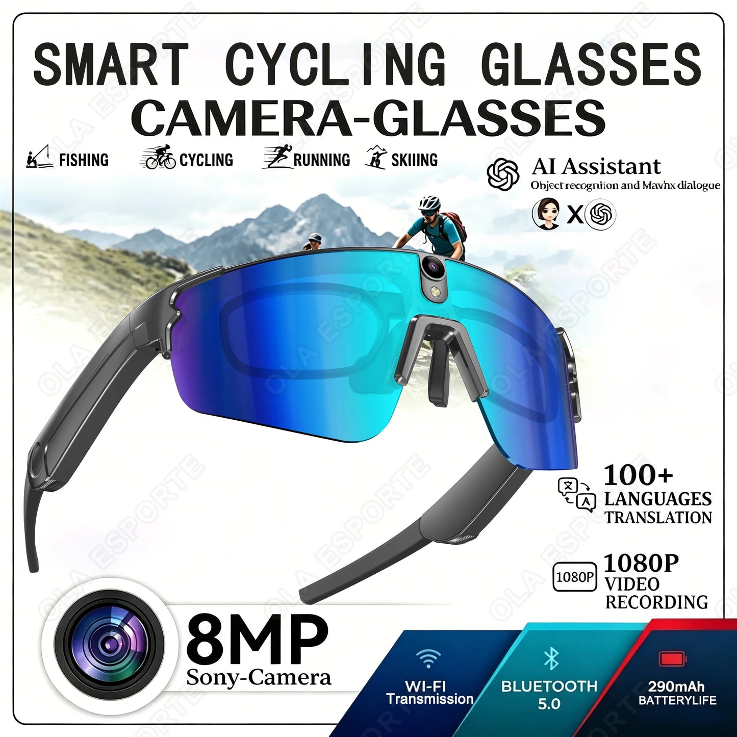 Smart Cycling Glasses 8MP Camera HD 1080p WiFi BT AI Translator