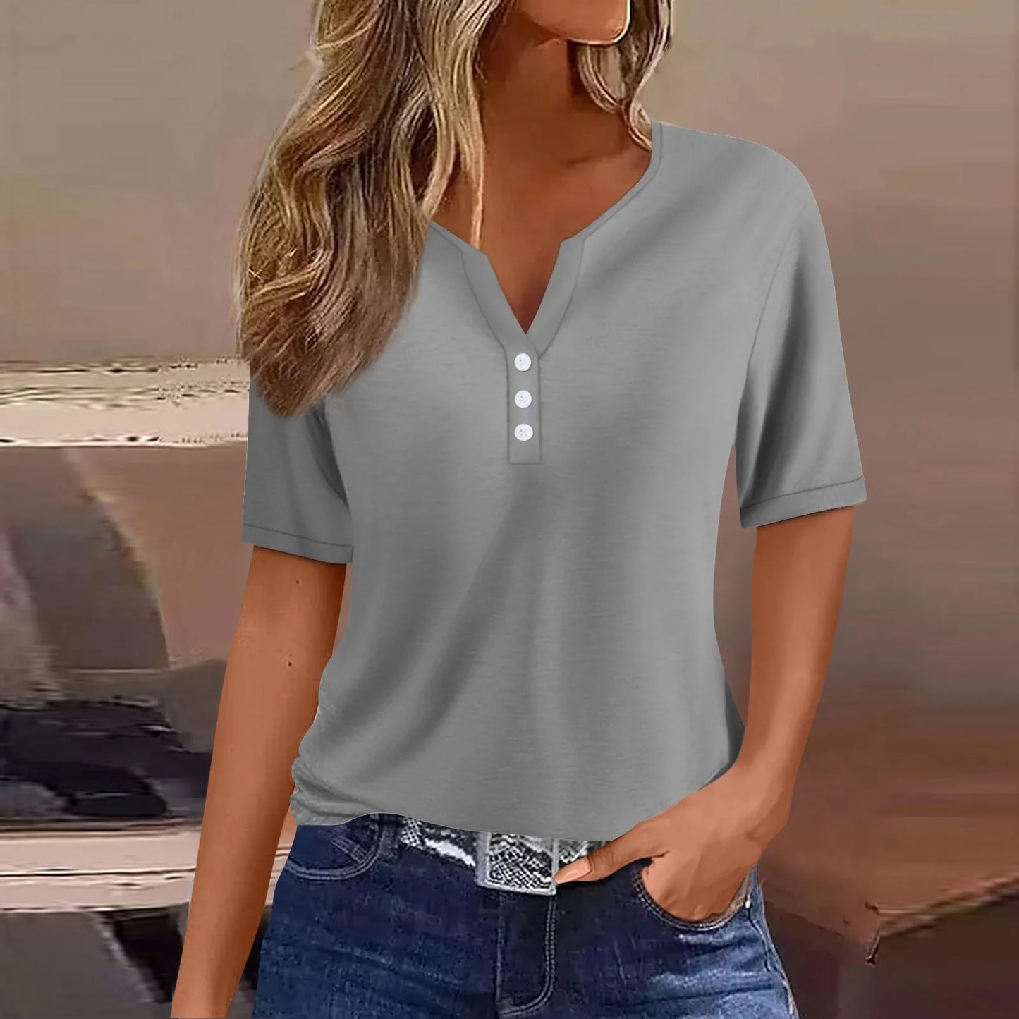 Women Summer Trendy Simple Casual Fashion Button T Shirt V Neck Short Sleeve Solid Loose Pullover Tops Plus Size Ropa De Mujer Peaceful Pleasures Health and Wellness