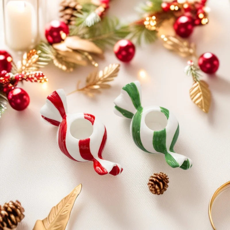 Ceramic Tealight Candle Holder | Striped Xmas Candy Design