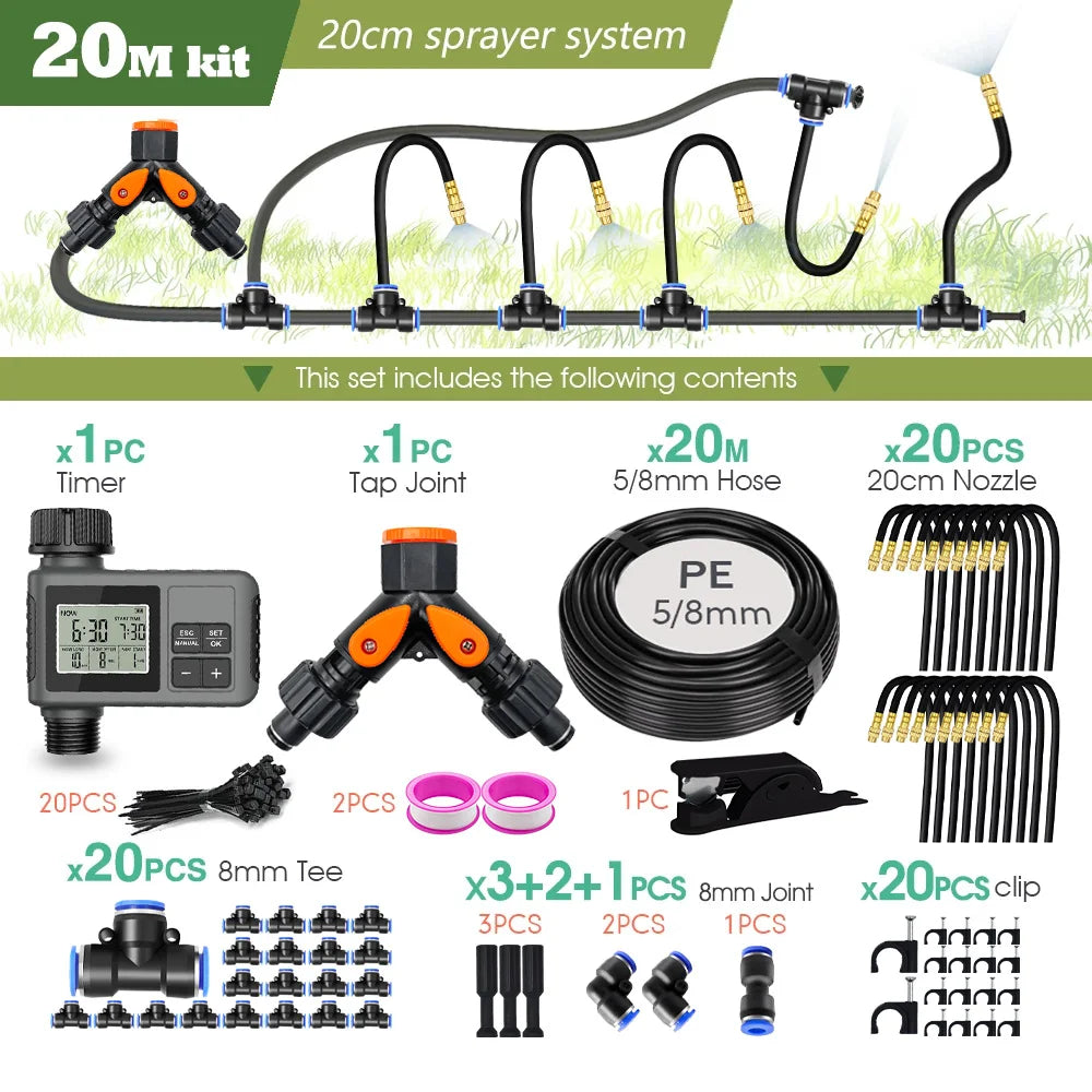 360° Free-bend Misting Nozzle Garden Programmable Timer Misting Cooling System Adjustable Atomizer Sprayer Outdoor Watering Kits Peaceful Pleasures Health and Wellness 20M kit-Timer