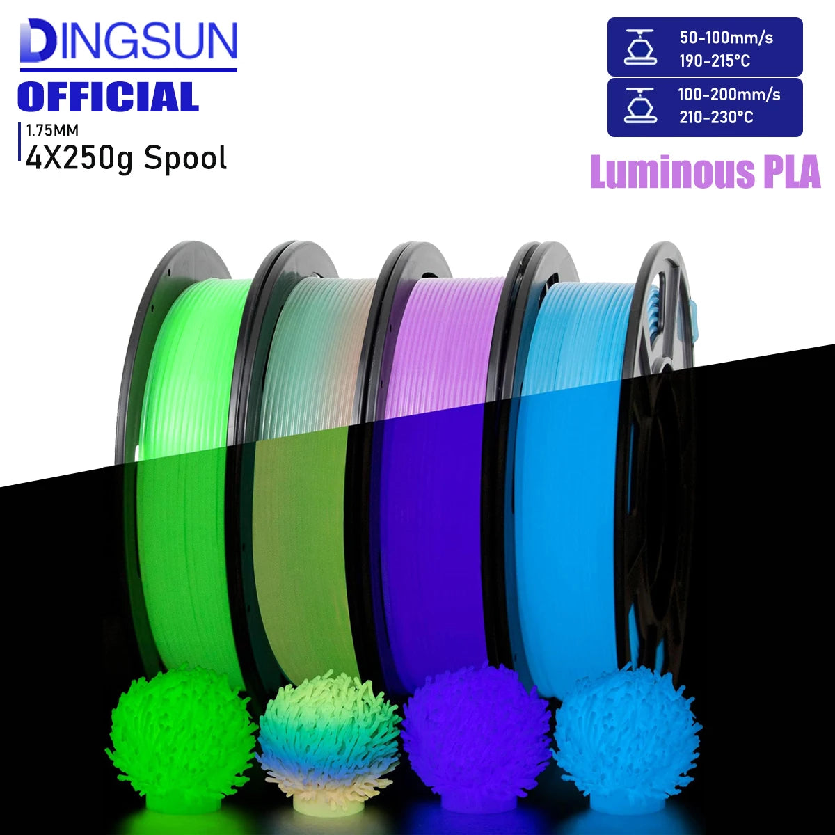 Glow in the Dark PLA Filament 1.75mm – Rainbow/Blue/Green/Purple