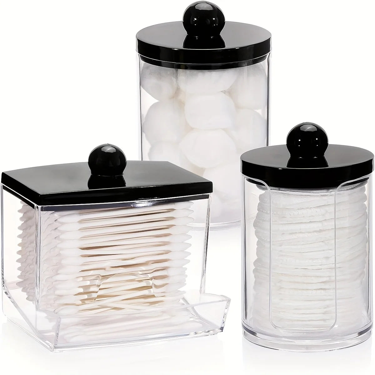 Apothecary Jars with Black Lids – 3 Pack Qtip Holder & Bathroom Storage Containers
