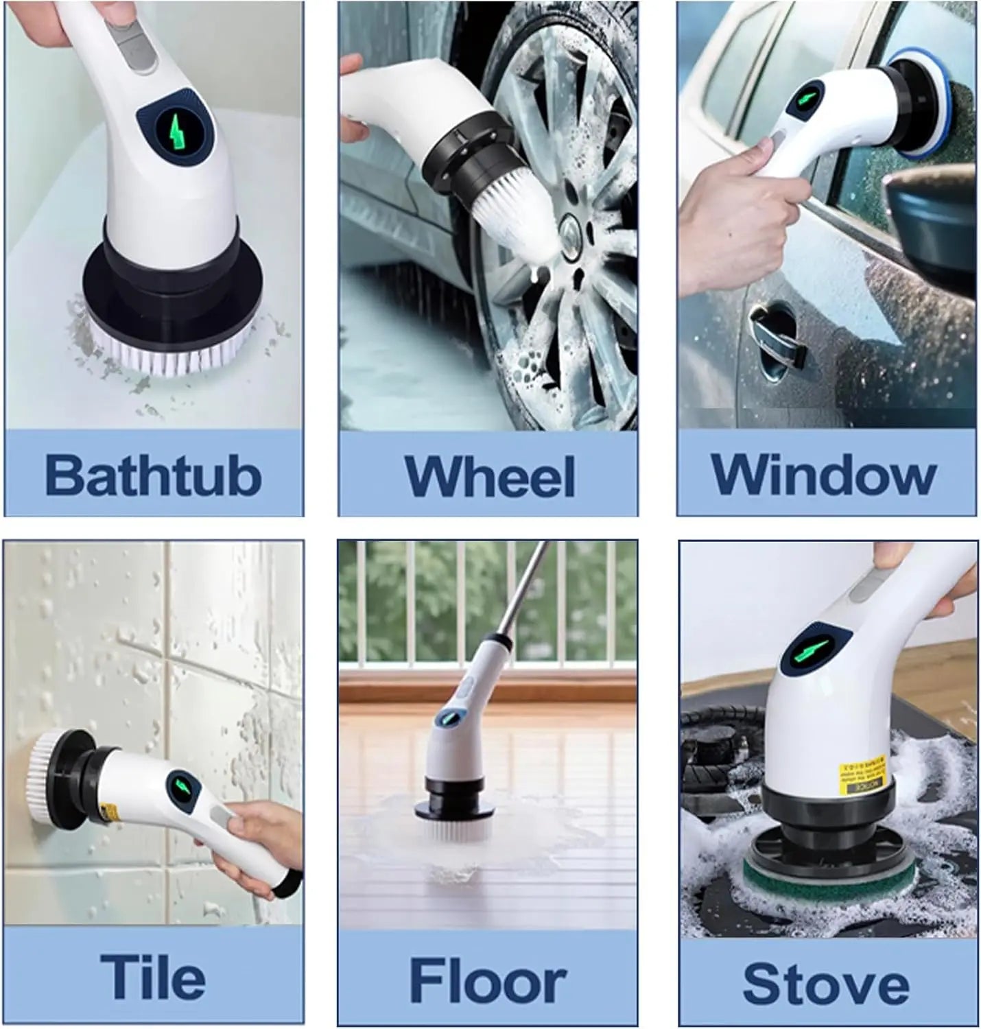 Multifunctional cleaning brush used on various surfaces including bathtub, wheel, window, tile, floor, and stove.