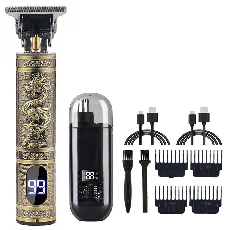 Men's Vintage Electric T9 Hair Clipper Beard Trimmer/Rechargeable With Nose Hair Trimmer Hair Cutting Machine Kit Boyfriend Gift Peaceful Pleasures Health and Wellness 067-Dragon-VHS