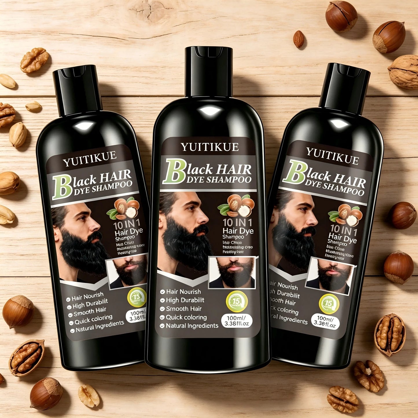 YUITIKUE Black Hair Dye Shampoo 100ml 10-in-1 Natural Ingredients Quick Coloring Nourishing Hair Care Peaceful Pleasures Health and Wellness 3pc